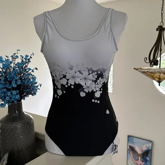 [Compre um e leve outro grátis] Fato de banho com estampado floral | Preto e branco