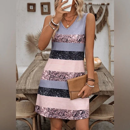 Vestido sem mangas com decote em V e cor contrastante