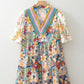 Multicolour Boho Floral Print Crochet Patchwork V Neck Loose Mini Dress