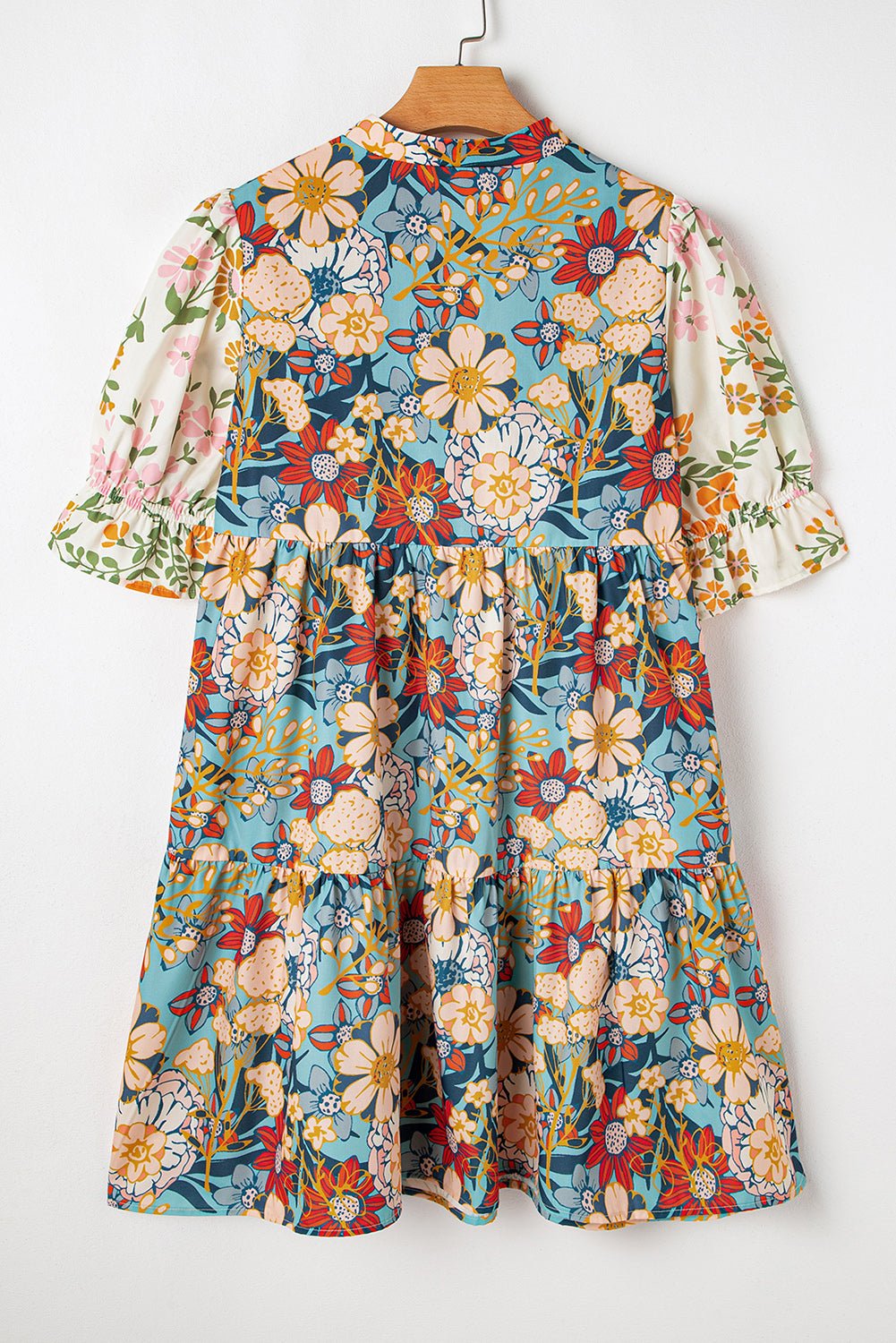 Multicolour Boho Floral Print Crochet Patchwork V Neck Loose Mini Dress