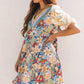 Multicolour Boho Floral Print Crochet Patchwork V Neck Loose Mini Dress