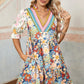 Multicolour Boho Floral Print Crochet Patchwork V Neck Loose Mini Dress