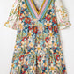 Multicolour Boho Floral Print Crochet Patchwork V Neck Loose Mini Dress