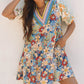 Multicolour Boho Floral Print Crochet Patchwork V Neck Loose Mini Dress