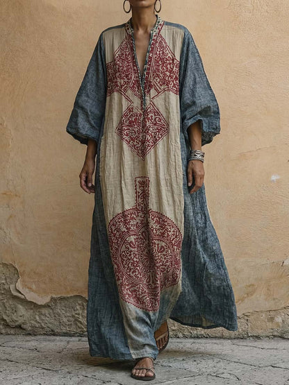 Vestido casual de mulher solto em algodão e linho com estampado vintage, decote em V e mangas 3/4.