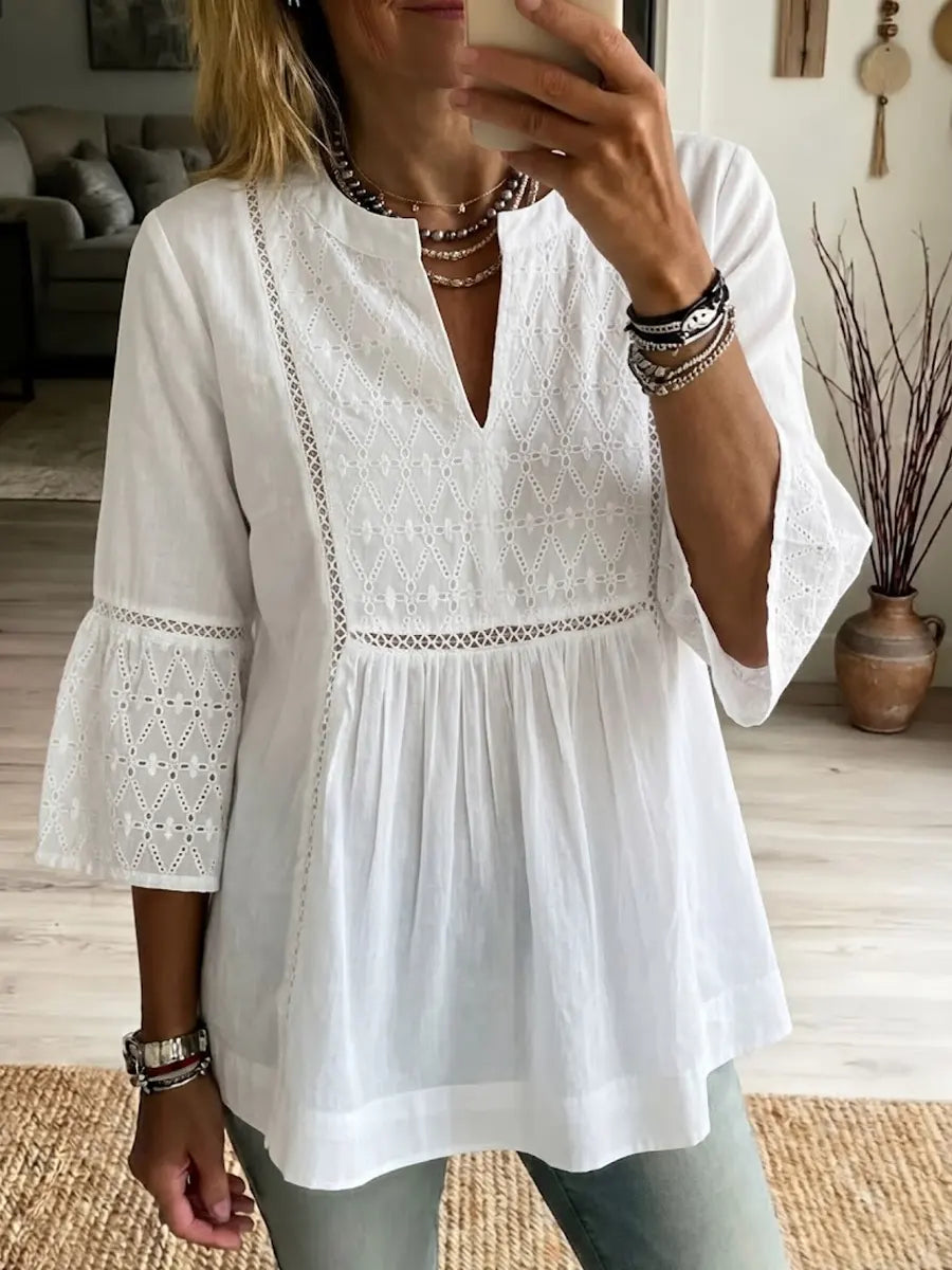 Blusa boémia de renda em algodão e linho