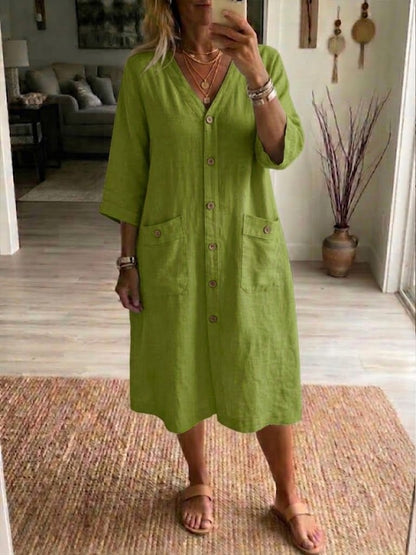 Vestido casual de linho e algodão com botões na frente