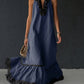 Vestido comprido elegante e romântico com folhos e blocos de cor