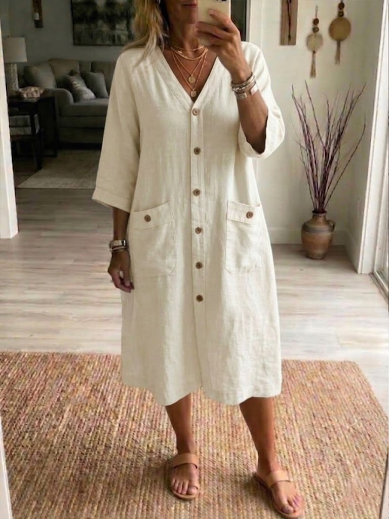 Vestido casual de linho e algodão com botões na frente