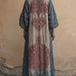 Vestido casual de mulher solto em algodão e linho com estampado vintage, decote em V e mangas 3/4.