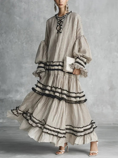 Vestido comprido casual de férias para mulher com estampado listrado e folhos em algodão