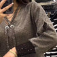 Novo vestido de malha de seda com lantejoulas e decote em V outono-inverno