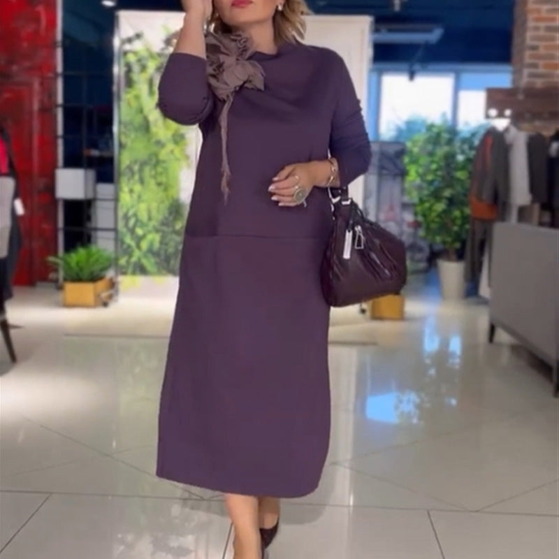 Vestido casual outono e inverno mangas compridas gola alta bolsos de cor sólida