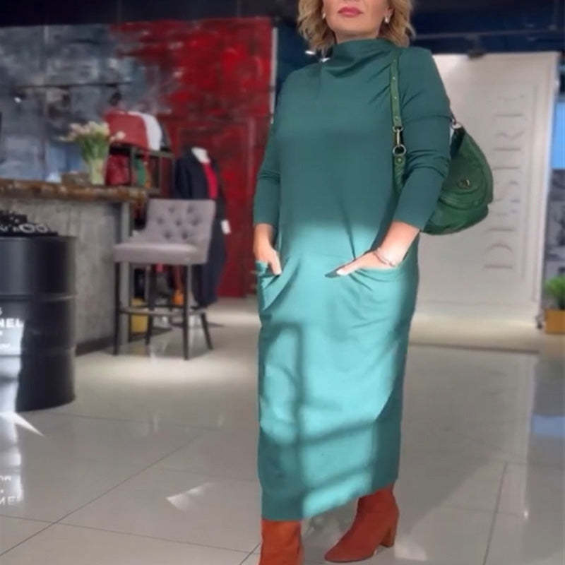 Vestido casual outono e inverno mangas compridas gola alta bolsos de cor sólida