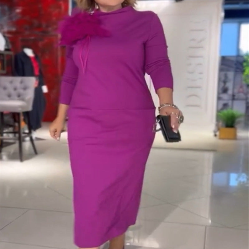Vestido casual outono e inverno mangas compridas gola alta bolsos de cor sólida