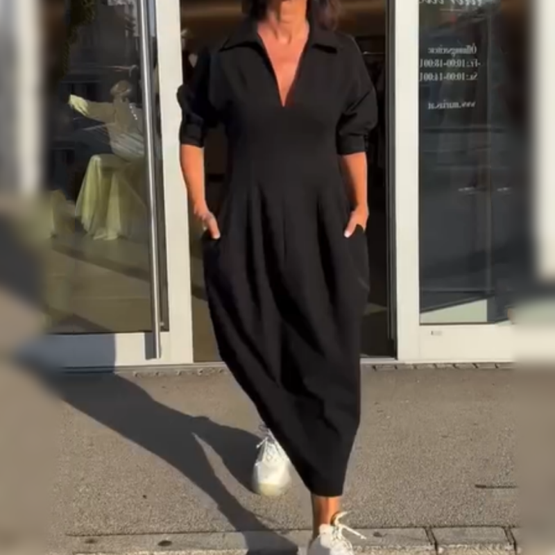 Vestido midi para mulher com decote em V e abas na cintura