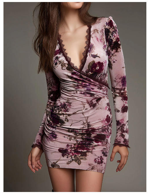 Vestido elegante de veludo plissado floral cor blush