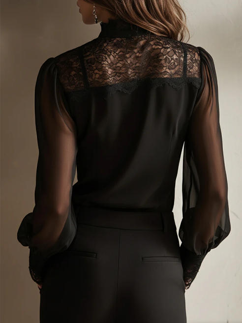 Elegante blusa retro em chiffon com renda e gola alta 2026