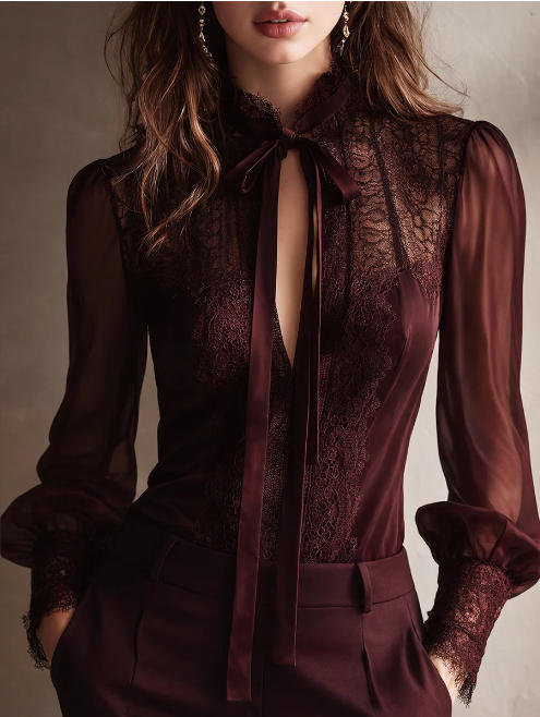 Elegante blusa retro em chiffon com renda e gola alta 2026