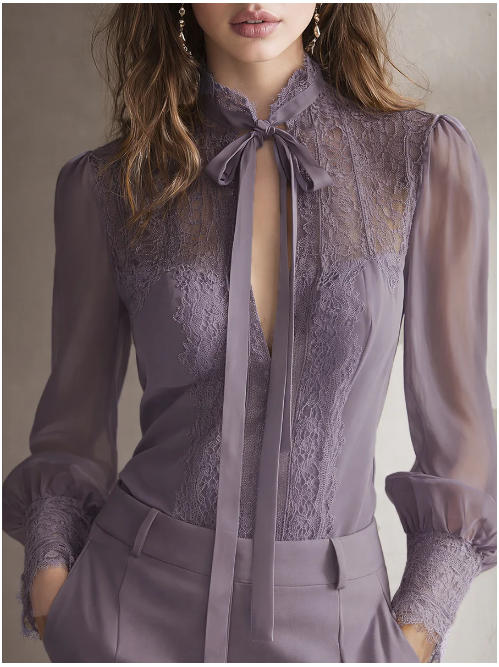 Elegante blusa retro em chiffon com renda e gola alta 2026