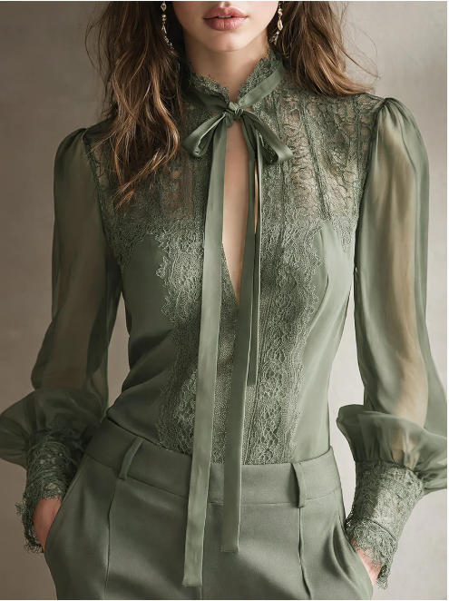 Elegante blusa retro em chiffon com renda e gola alta 2026