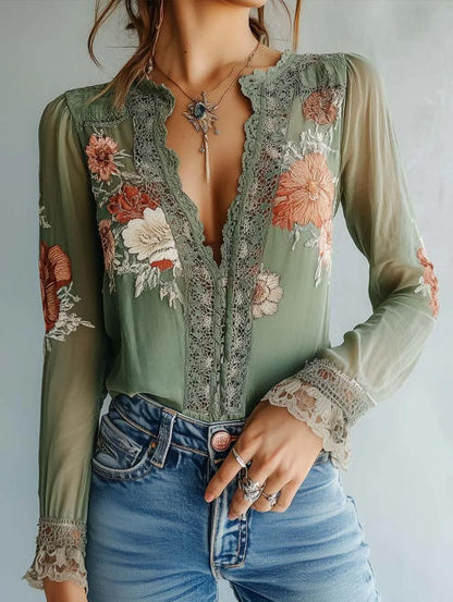 Blusa de renda com estampado floral boémia