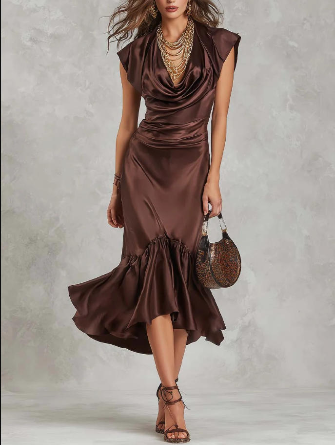 Vestido midi elegante vintage drapeado em cetim
