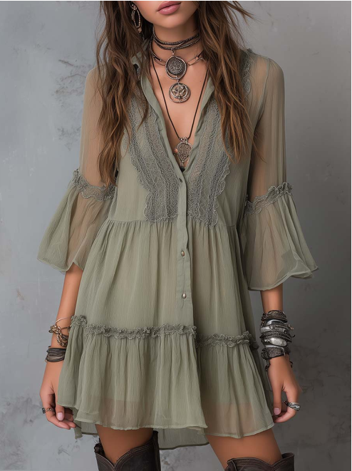 Vestido vintage em chiffon com decote em renda, mangas largas e folhos