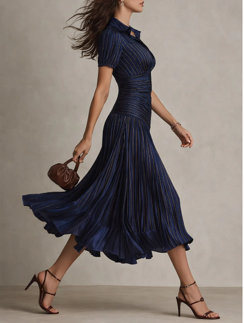Vestido midi plissado em cetim retro listrado, modelagem justa