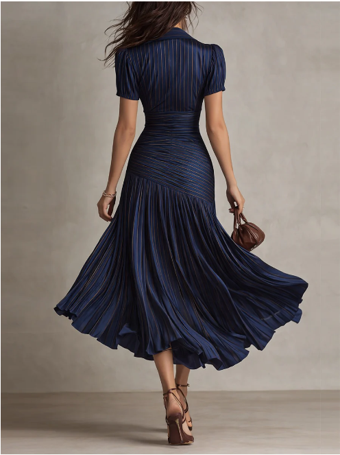 Vestido midi plissado em cetim retro listrado, modelagem justa