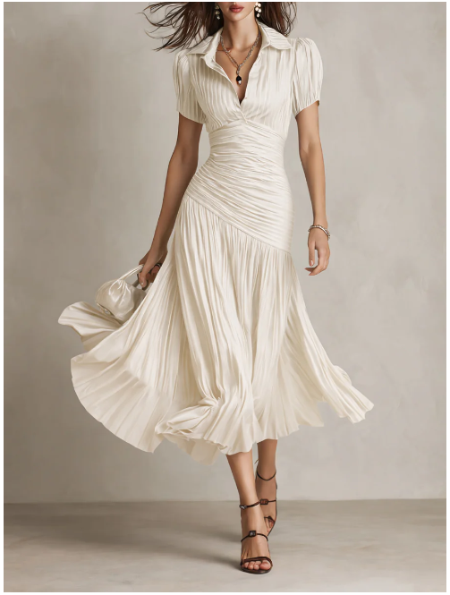 Vestido midi plissado em cetim retro listrado, modelagem justa