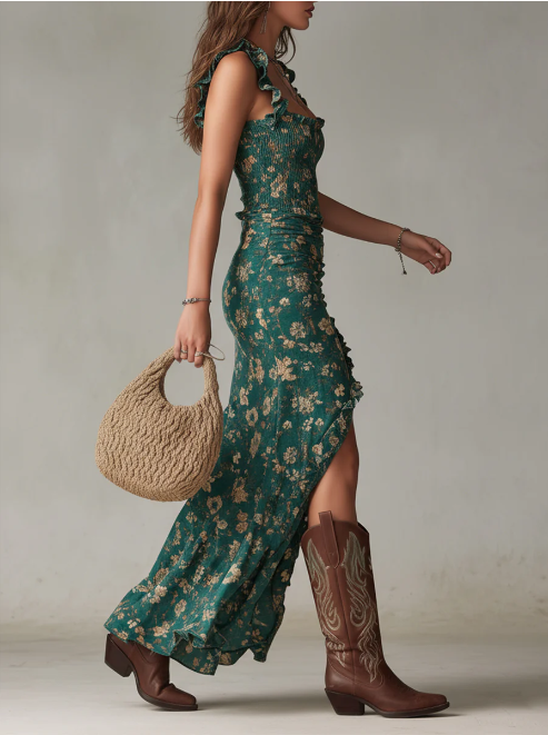 Vestido boho retro comprido com mangas bufantes e fenda alta