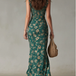 Vestido boho retro comprido com mangas bufantes e fenda alta