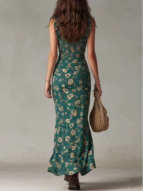 Vestido boho retro comprido com mangas bufantes e fenda alta