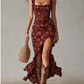 Vestido boho retro comprido com mangas bufantes e fenda alta