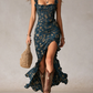 Vestido boho retro comprido com mangas bufantes e fenda alta