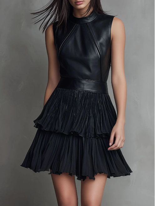 Vestido curto chique em ecopele preta e saia plissada em camadas