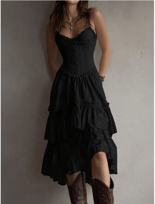 Vestido midi branco retro boho com espartilho em camadas e detalhes em renda.