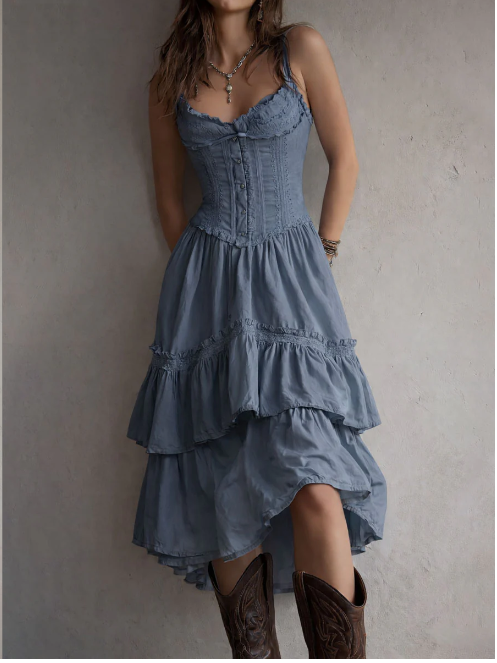 Vestido midi branco retro boho com espartilho em camadas e detalhes em renda.