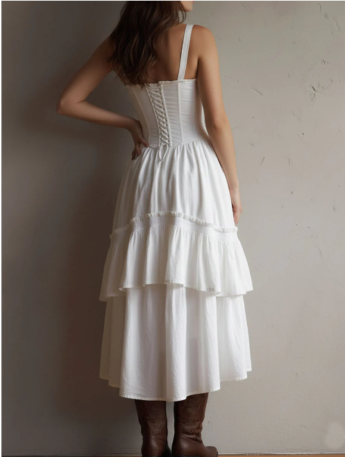 Vestido midi branco retro boho com espartilho em camadas e detalhes em renda.