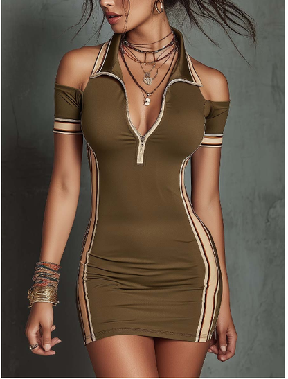 Vestido curto elegante e desportivo com decote halter e ombros à mostra.
