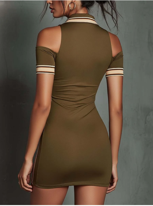 Vestido curto elegante e desportivo com decote halter e ombros à mostra.