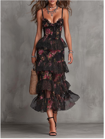 Vestido midi de chiffon com folhos e estampado floral gótico de poá suíço