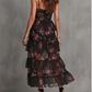 Vestido midi de chiffon com folhos e estampado floral gótico de poá suíço