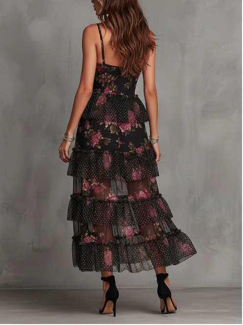 Vestido midi de chiffon com folhos e estampado floral gótico de poá suíço