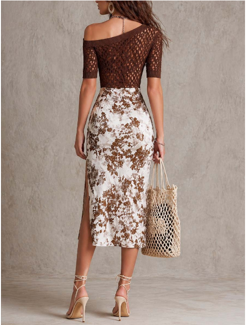 Conjunto de Duas Peças: Top Castanho em Crochet Ombro a Ombro e Saia Midi Floral Vintage